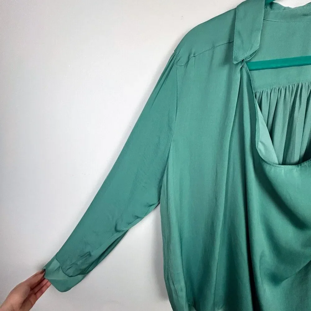 NWT Free People Shine Bright Cowl Top Collared Drape Blouse Vert de Mer Green XL